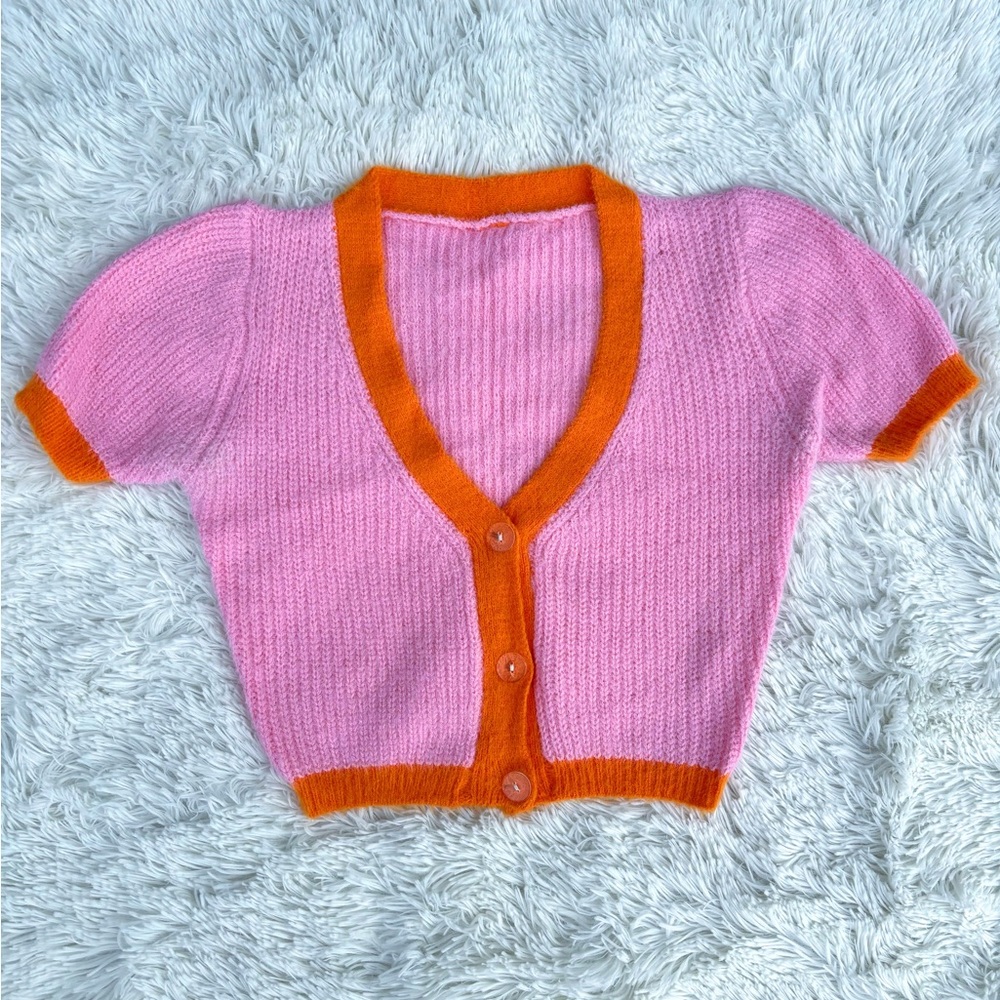 ✨Y2K EARLY 2000’s PINK & ORANGE CROP TOP SHRUG KNIT XS ✨